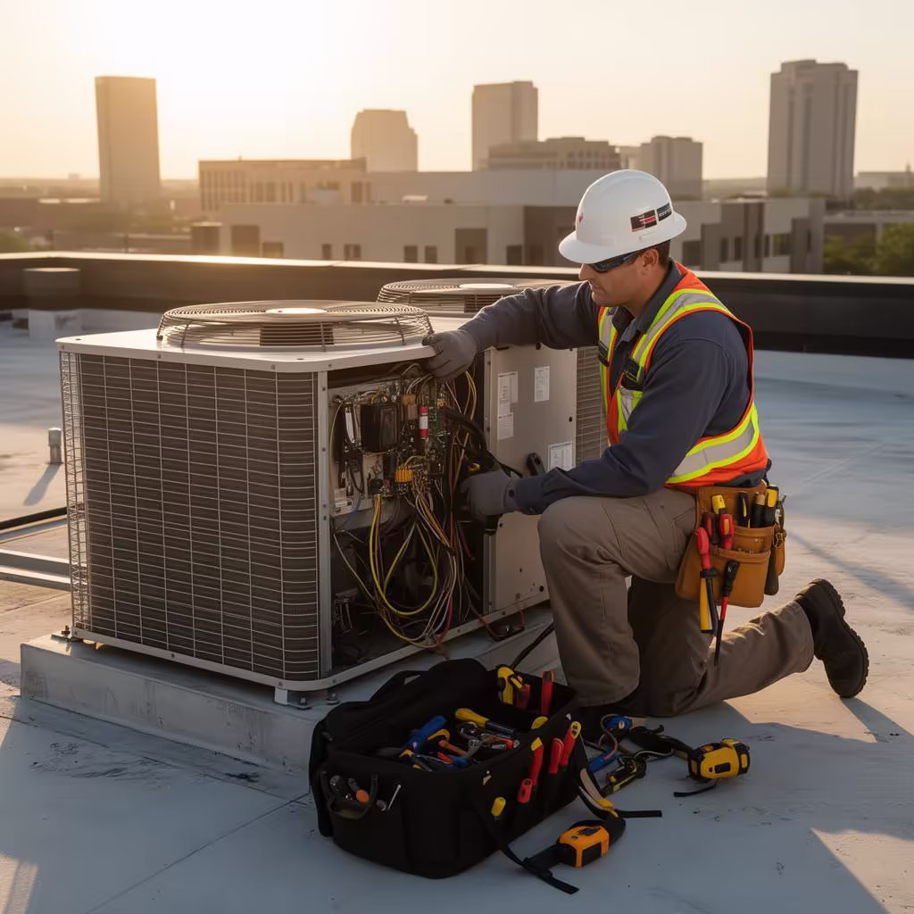Commercial HVAC technician servicing rooftop unit in Dallas TX